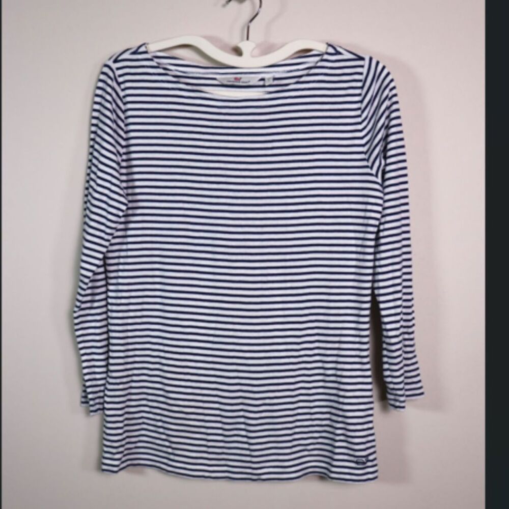 Vineyard Vines Striped Boatneck Top Small Navy White Pima Cotton Modal